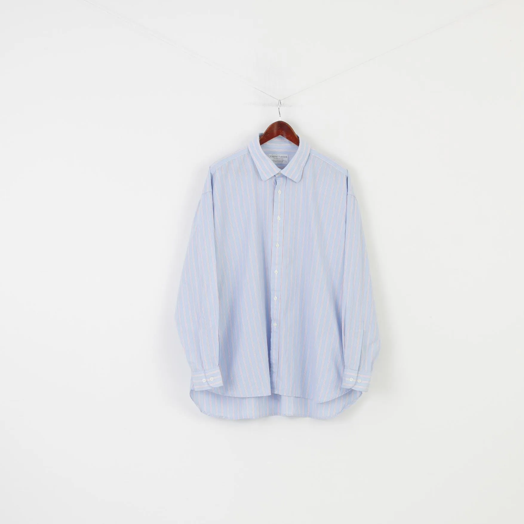 Joseph Turner Men 37R Casual Shirt Blue Pink Striped Collar Elegant Long Sleeve Pure Cotton Top