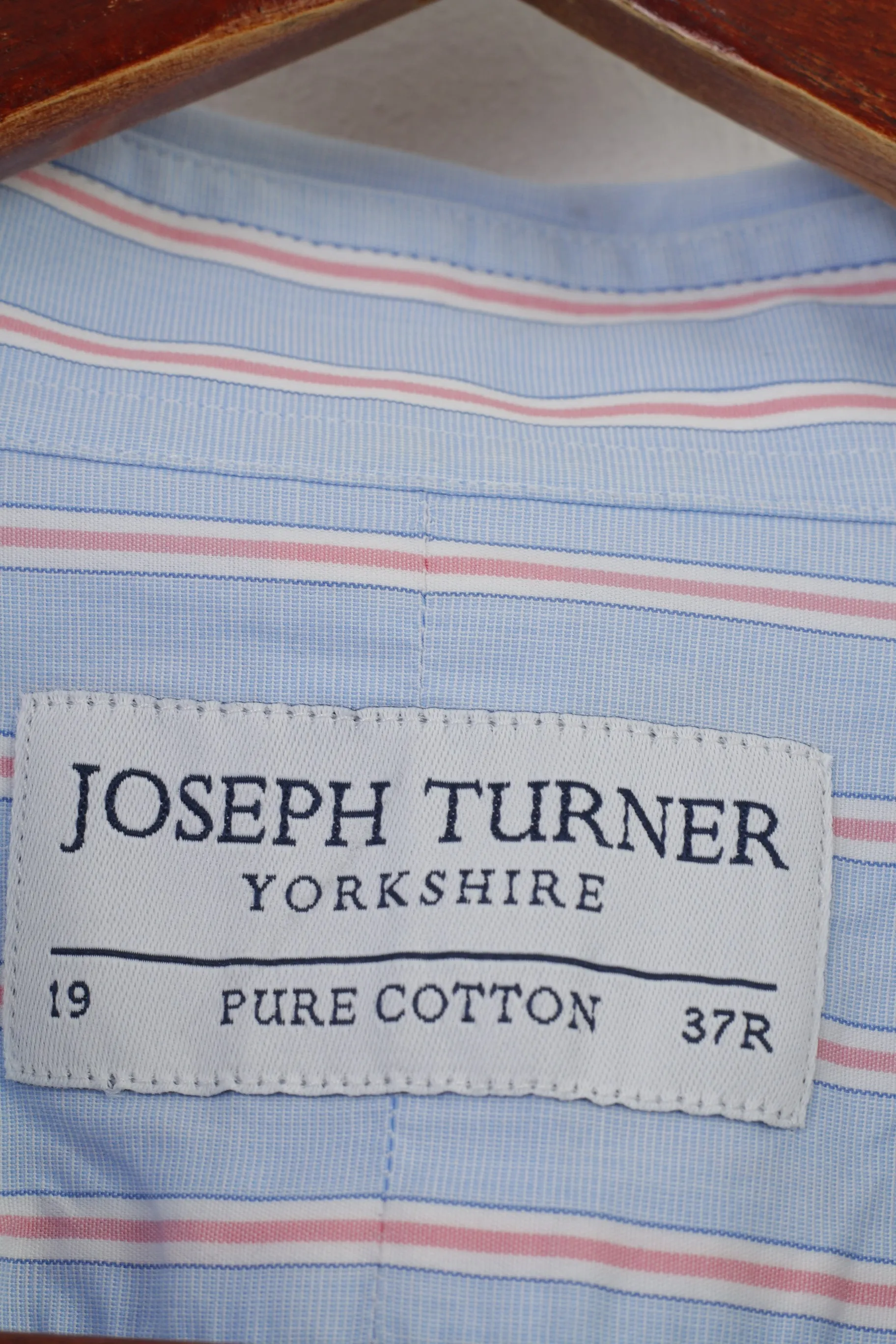 Joseph Turner Men 37R Casual Shirt Blue Pink Striped Collar Elegant Long Sleeve Pure Cotton Top