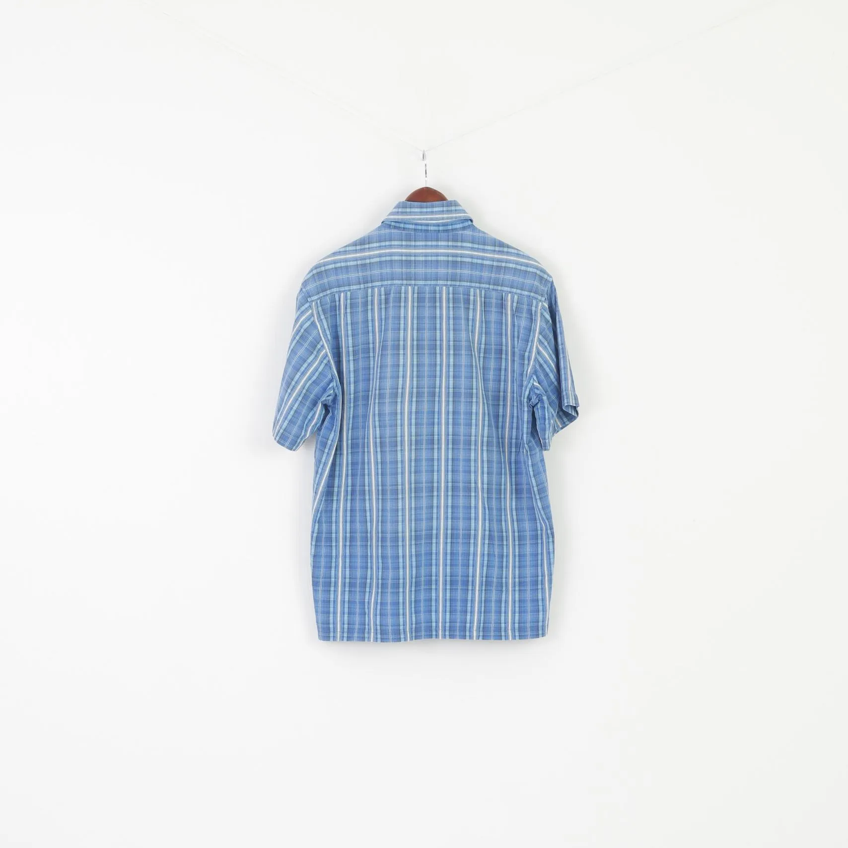 Joy Men L Casual Shirt Blue Cotton Classic Vintage Pocket Short Sleeve Top