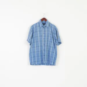 Joy Men L Casual Shirt Blue Cotton Classic Vintage Pocket Short Sleeve Top