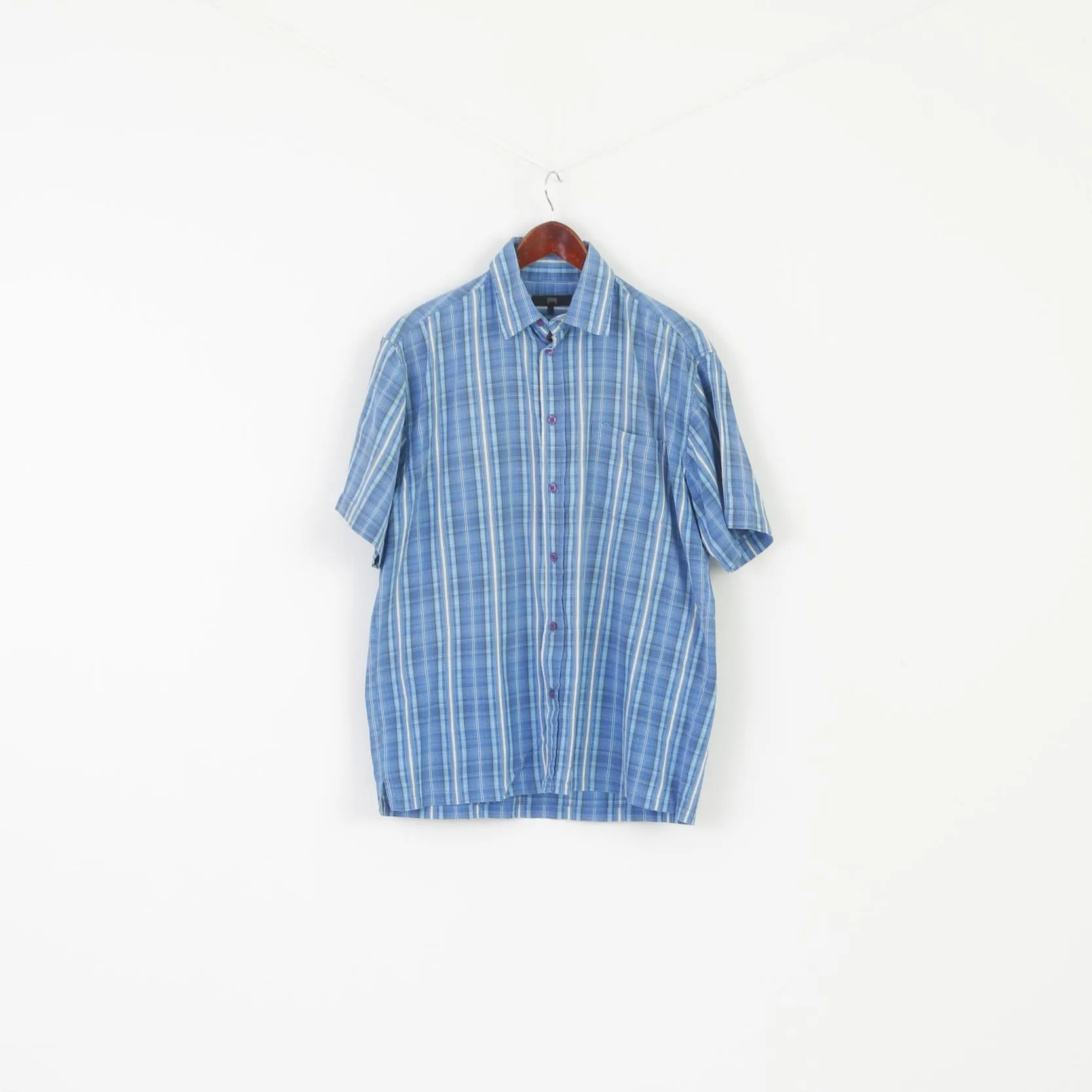 Joy Men L Casual Shirt Blue Cotton Classic Vintage Pocket Short Sleeve Top