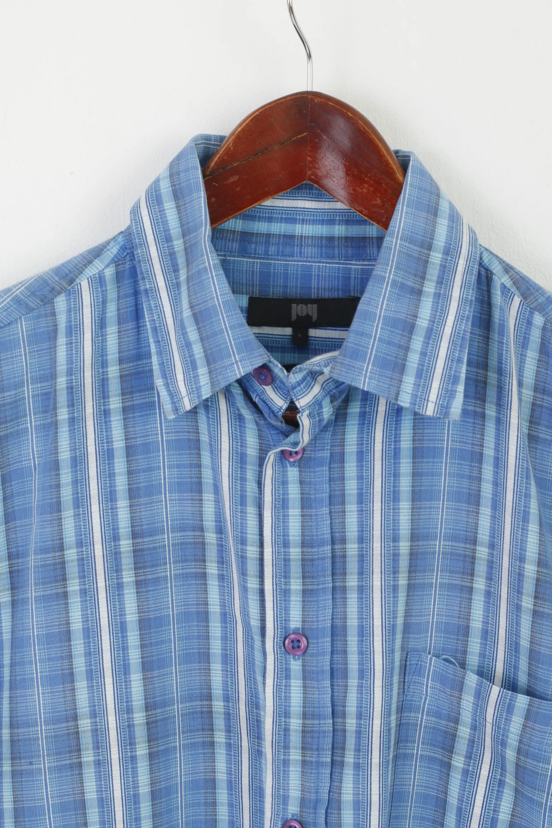 Joy Men L Casual Shirt Blue Cotton Classic Vintage Pocket Short Sleeve Top