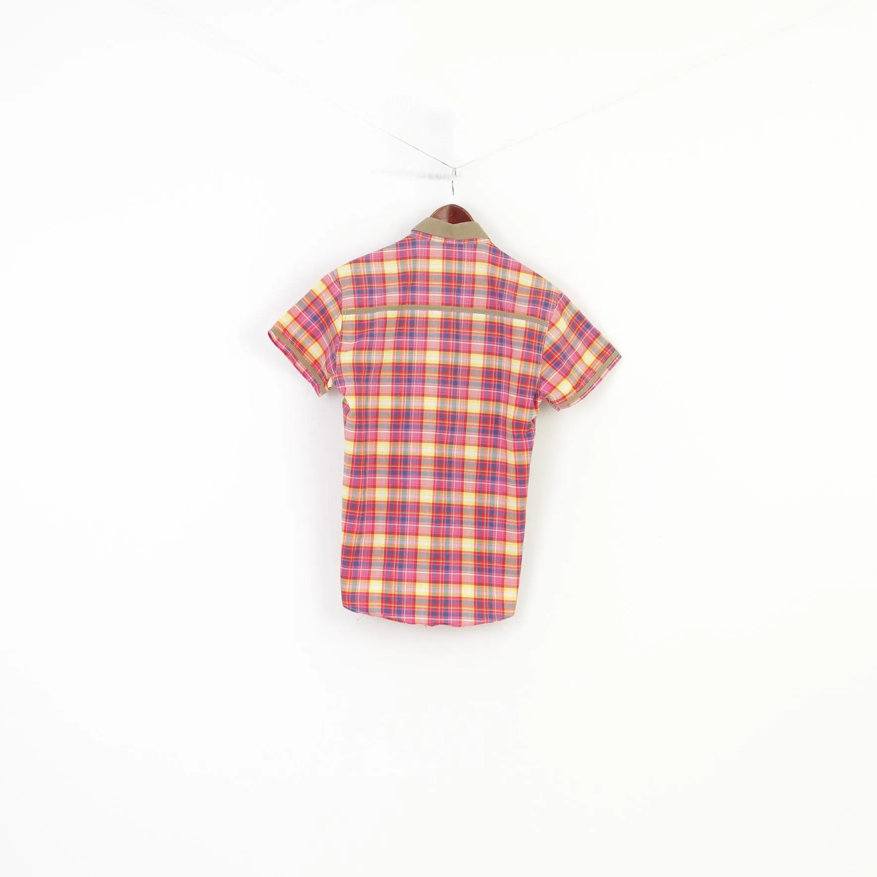 JR Men L S Casual Shirt Checkered Pink Cotton Pockets Stand-Up Collar Fit Short Sleeve Classic   Top