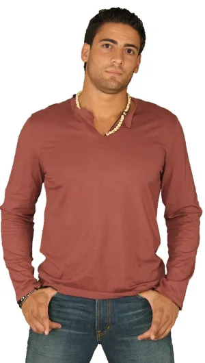 Kanvis Split Neck Mens Long Sleeve Tee Crimson