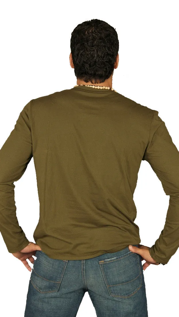 Kanvis Split Neck Mens Long Sleeve Tee Olive