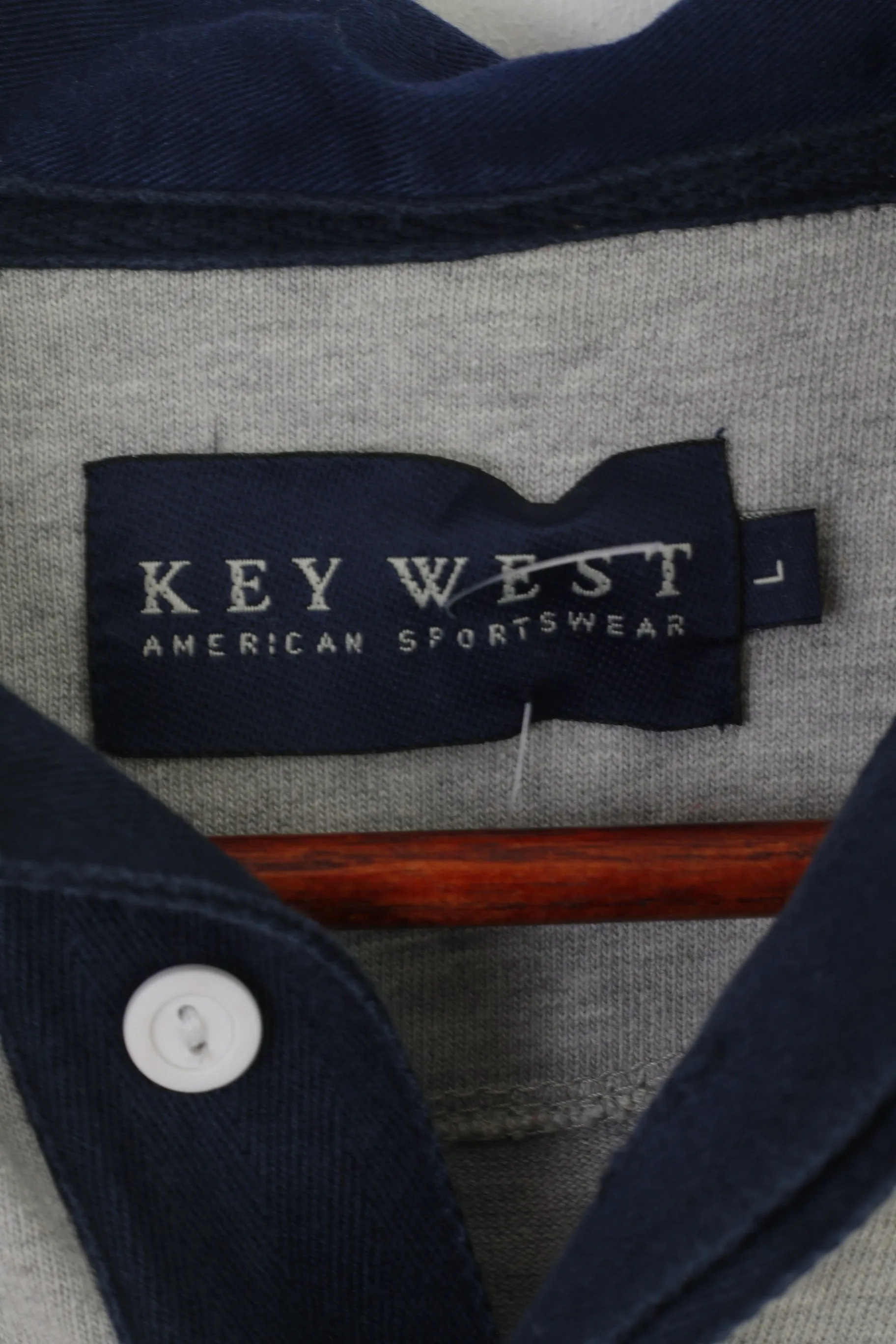 Key West American Sportswear Men L Polo Shirt Gray Striped Cotton Classic Long Sleeve Top