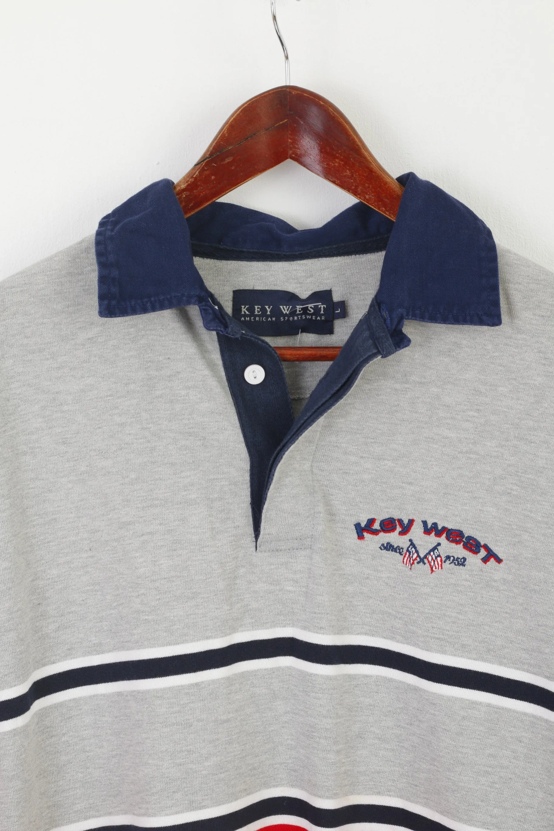 Key West American Sportswear Men L Polo Shirt Gray Striped Cotton Classic Long Sleeve Top