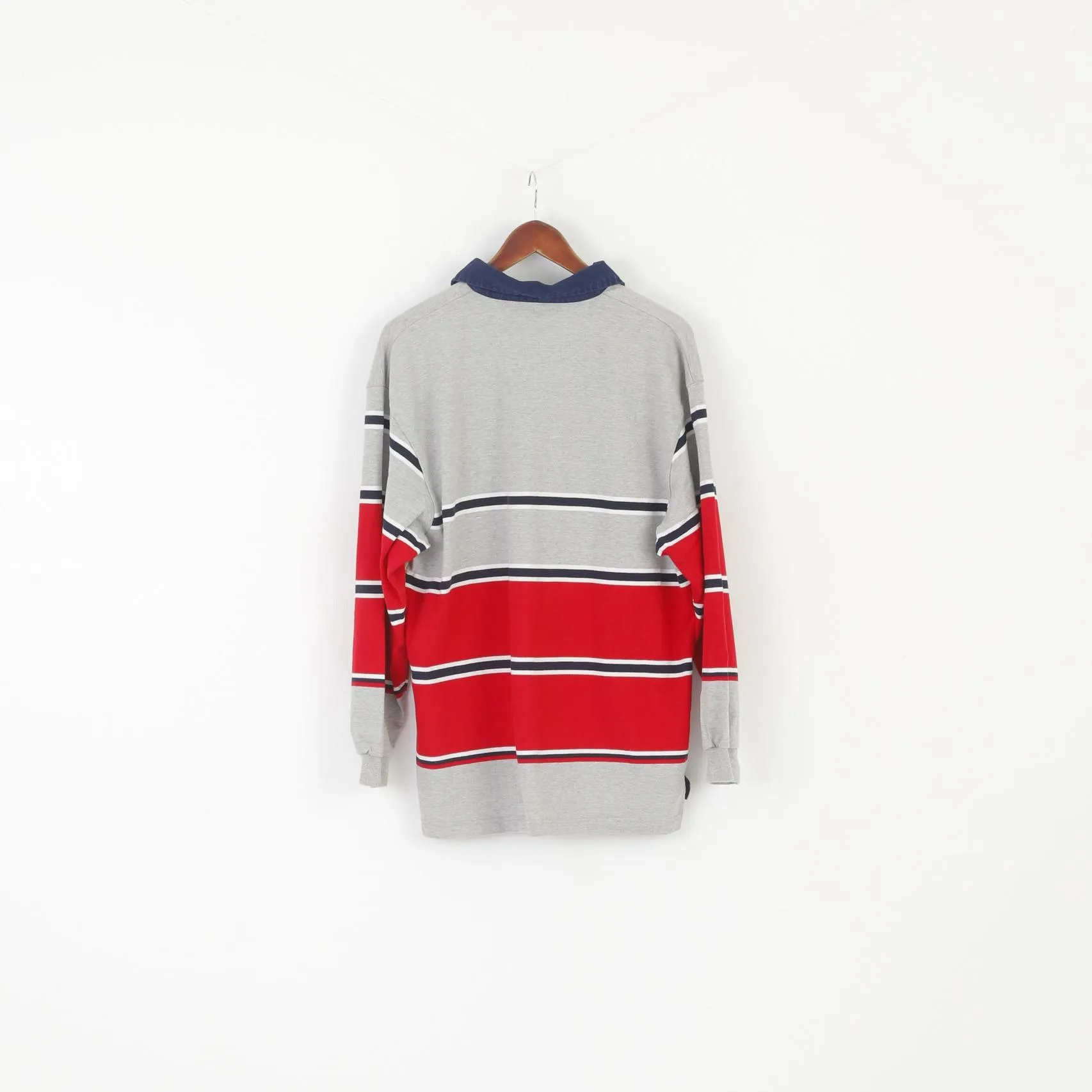 Key West American Sportswear Men L Polo Shirt Gray Striped Cotton Classic Long Sleeve Top