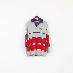 Key West American Sportswear Men L Polo Shirt Gray Striped Cotton Classic Long Sleeve Top