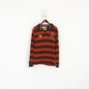 Kitaro Men L Polo Shirt Brown Phoenix Flight School Striped Cotton Long Sleeve Top