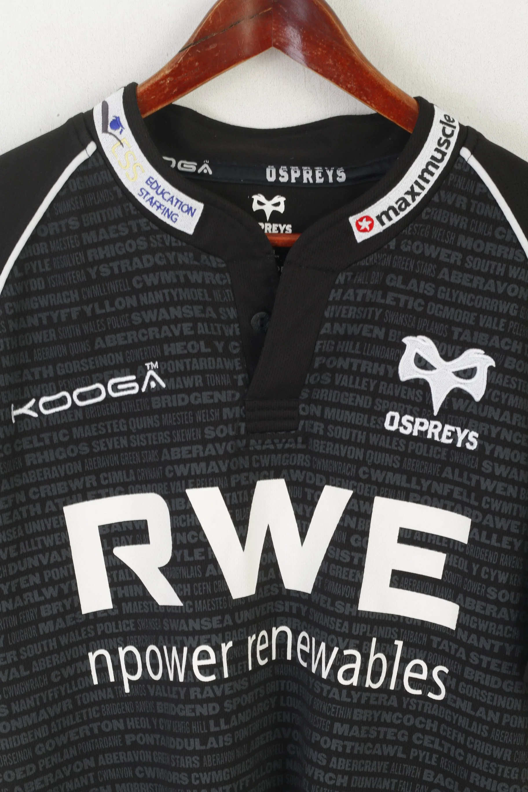 Kooga Ospreys Men SML Shirt Black Rugby Union Sportswear Jersey Top