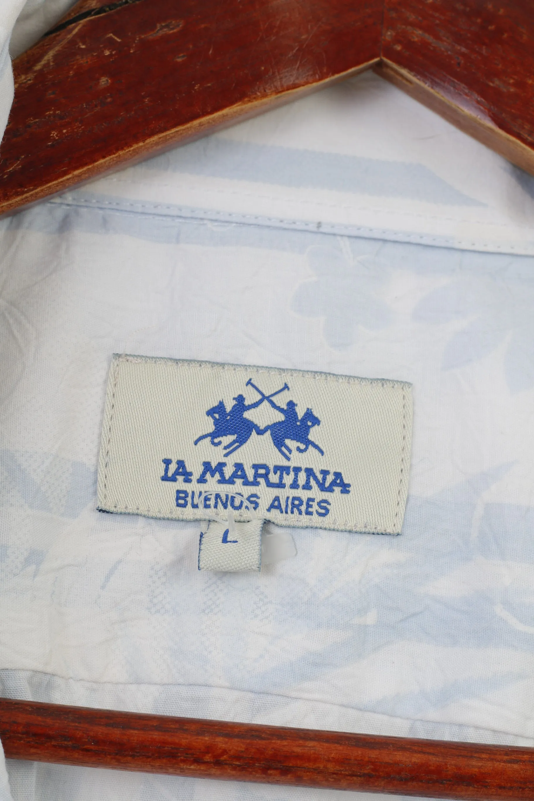 La Martina Men L Casual Shirt Flower Print White Short Sleeve Collar Cotton Vintage Top