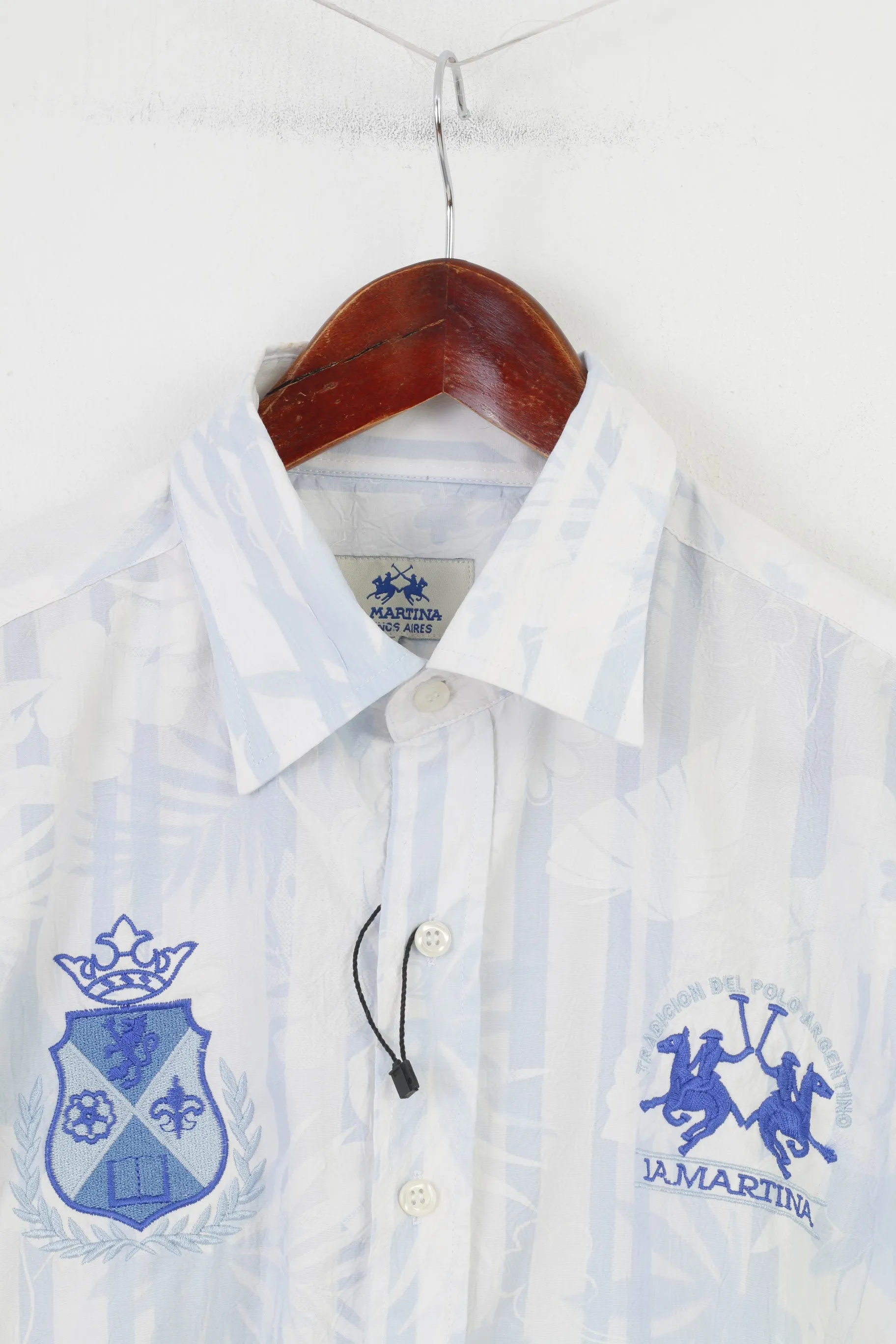 La Martina Men L Casual Shirt Flower Print White Short Sleeve Collar Cotton Vintage Top