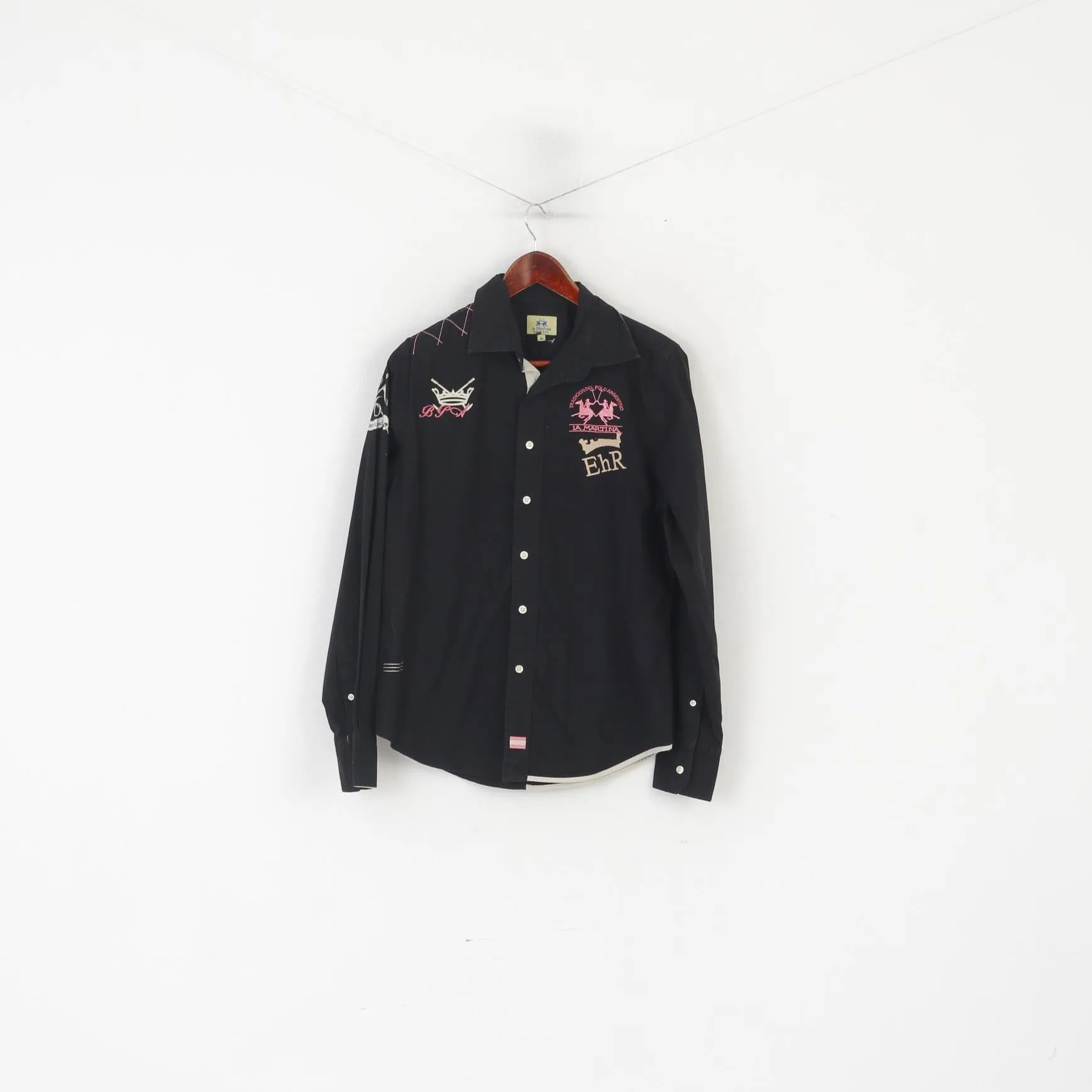 La Martina Men M Casual Shirt Black Cotton The Queen's Lancers Long Sleeve Top