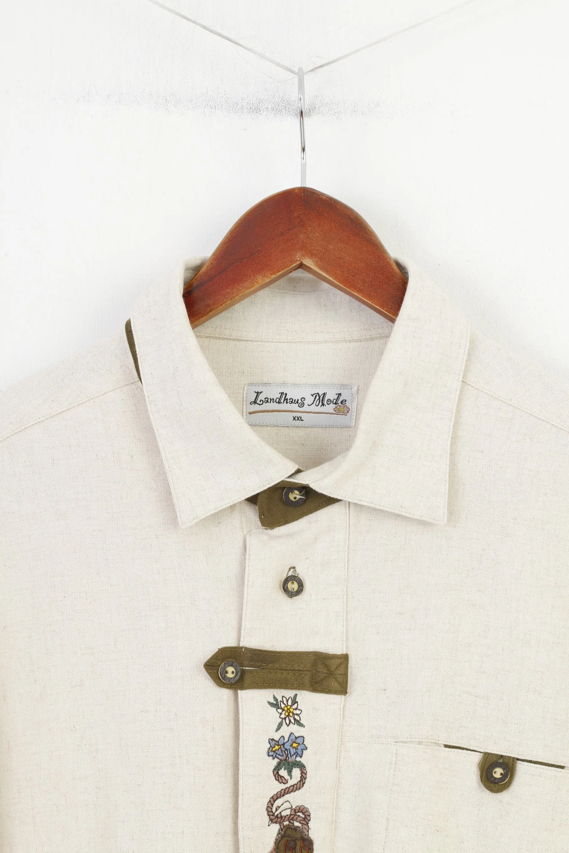 Landhaus Mode Men XXL Casual Shirt Cream Linen Trachten Short Sleeve Vintage  Country Top