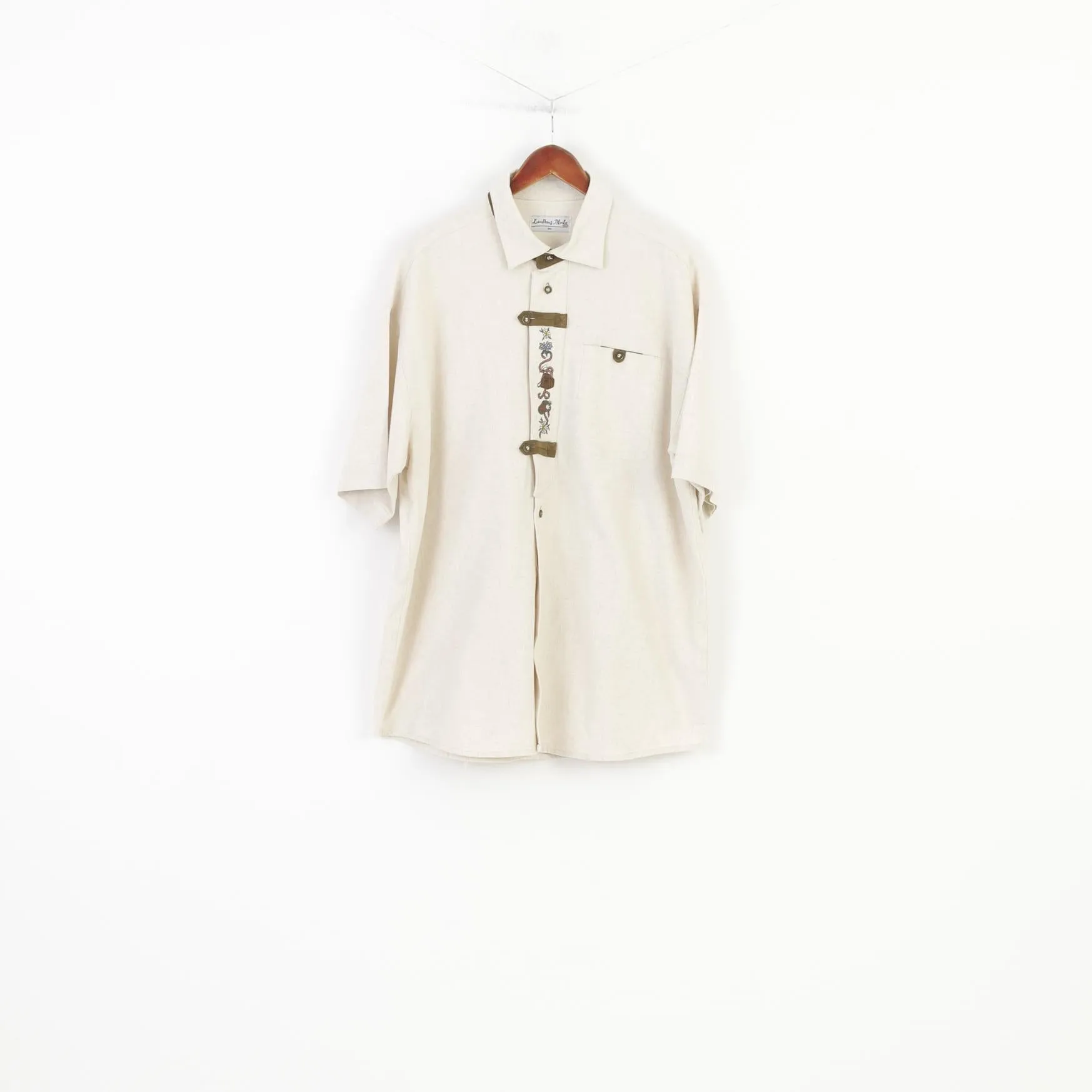 Landhaus Mode Men XXL Casual Shirt Cream Linen Trachten Short Sleeve Vintage  Country Top