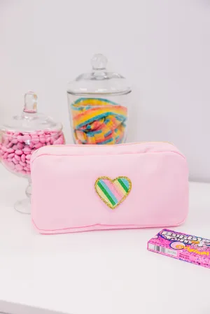 Let's Get Going Baby Pink Varsity Cosmetic Bag, Medium