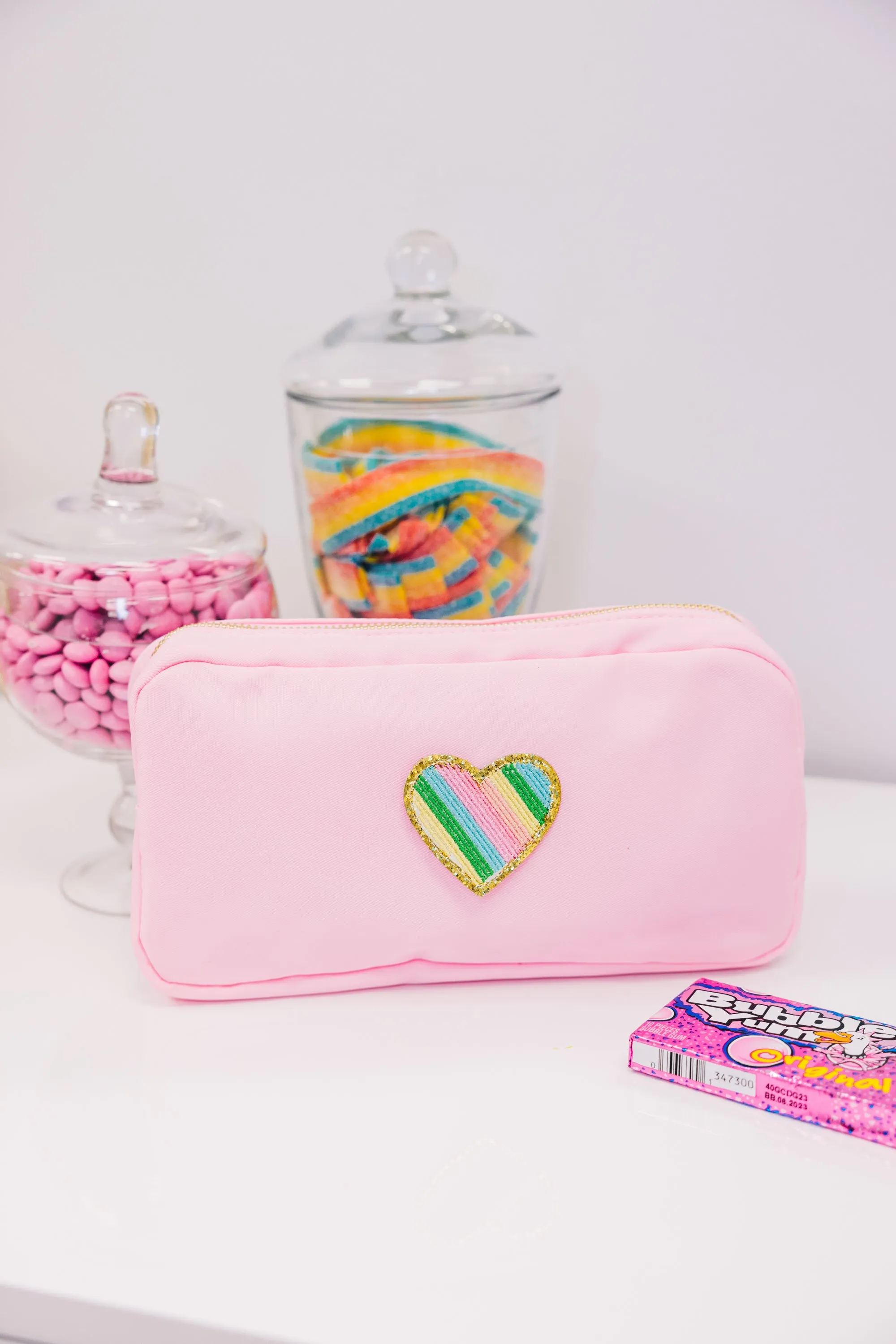 Let's Get Going Baby Pink Varsity Cosmetic Bag, Medium