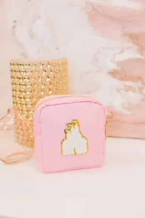 Let's Get Going Baby Pink Varsity Cosmetic Bag, Small
