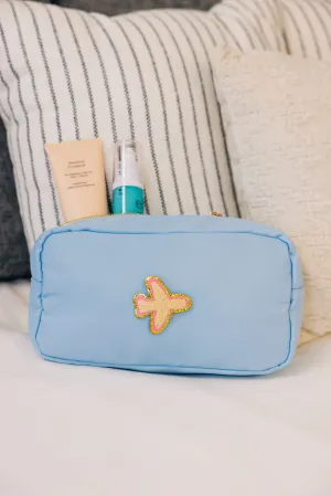Let's Get Going Light Blue Varsity Cosmetic Bag, Large