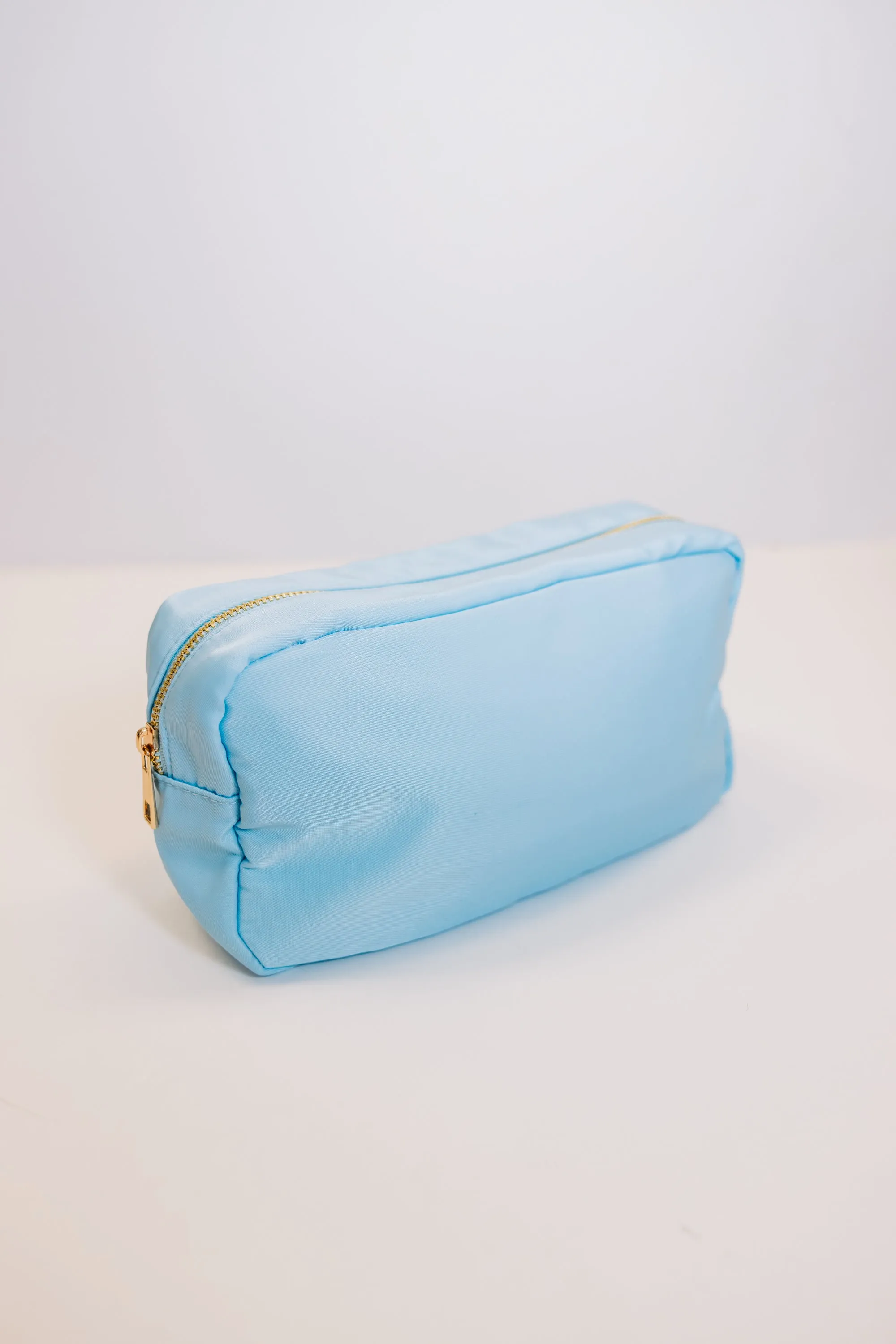 Let's Get Going Light Blue Varsity Cosmetic Bag, Large