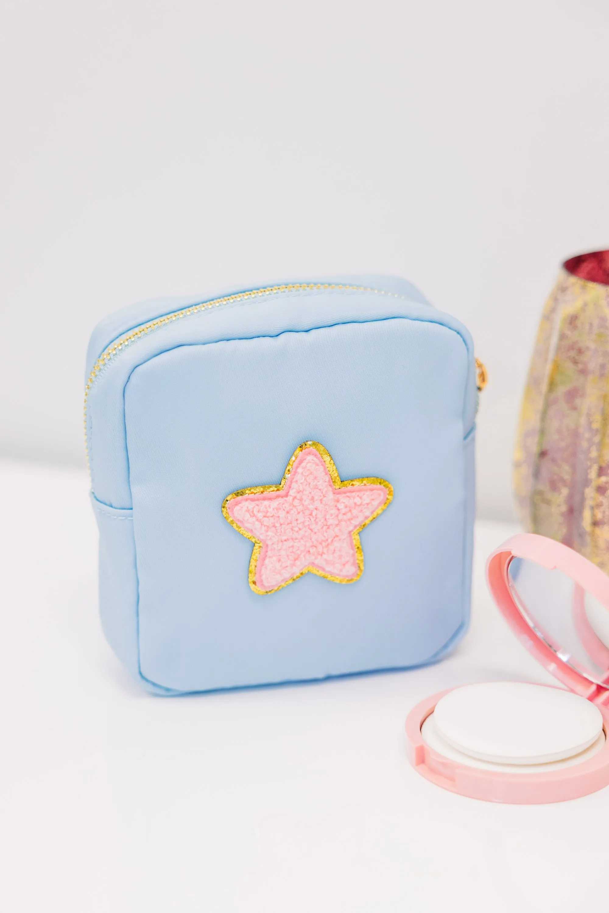 Let's Get Going Light Blue Varsity Cosmetic Bag, Small