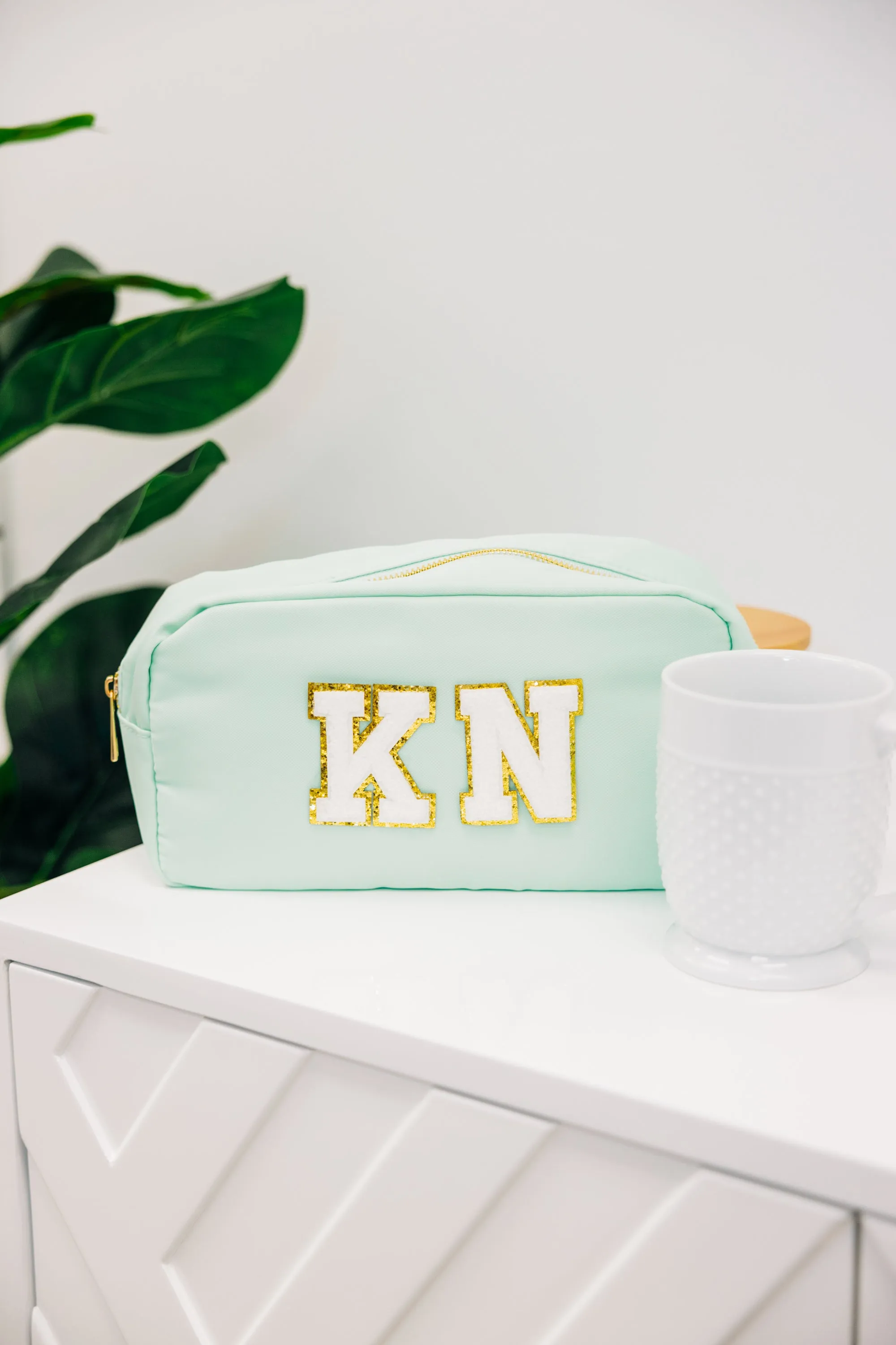 Let's Get Going Mint Varsity Cosmetic Bag, Large