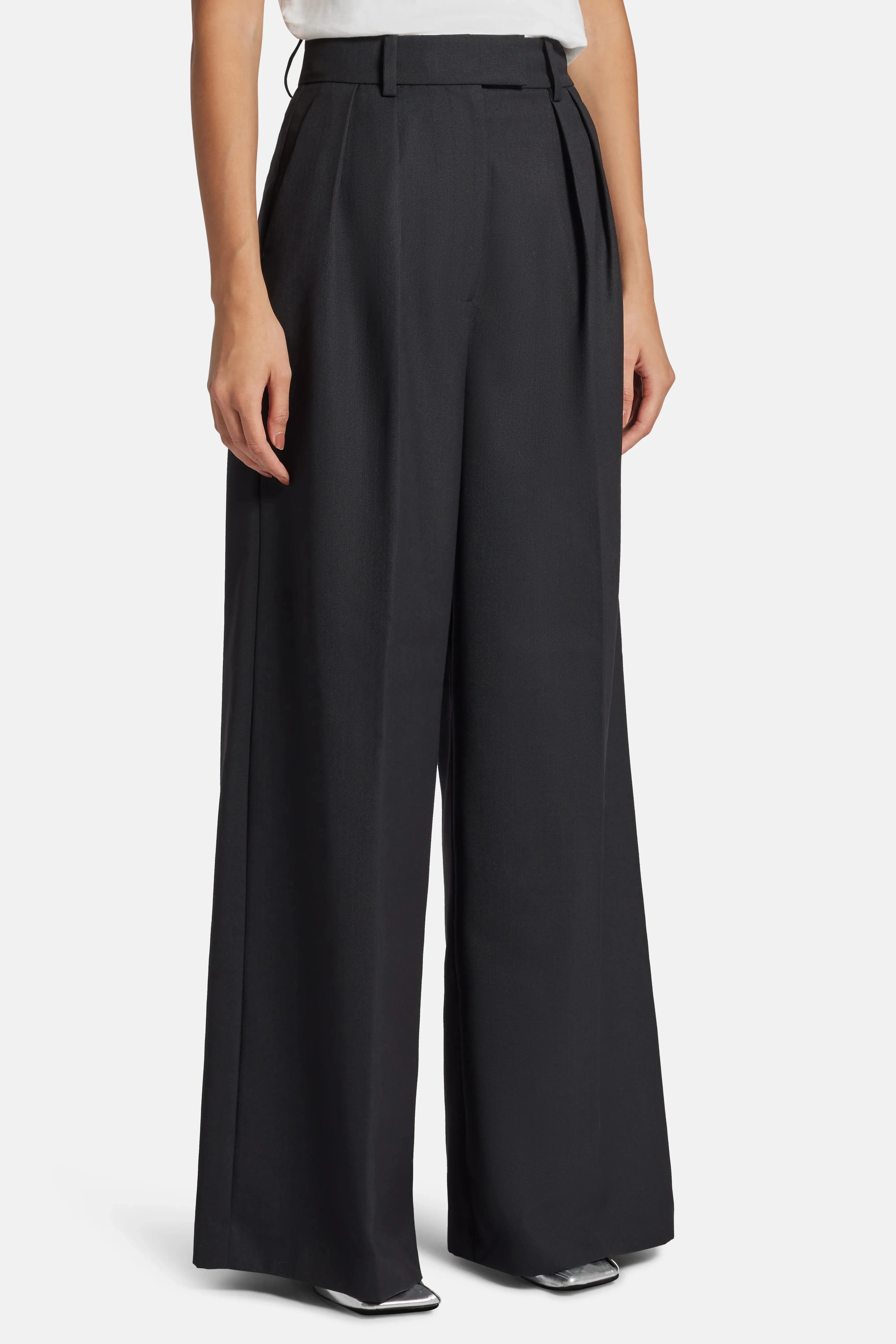 Lou High Waisted Flared Wool Trousers in Black