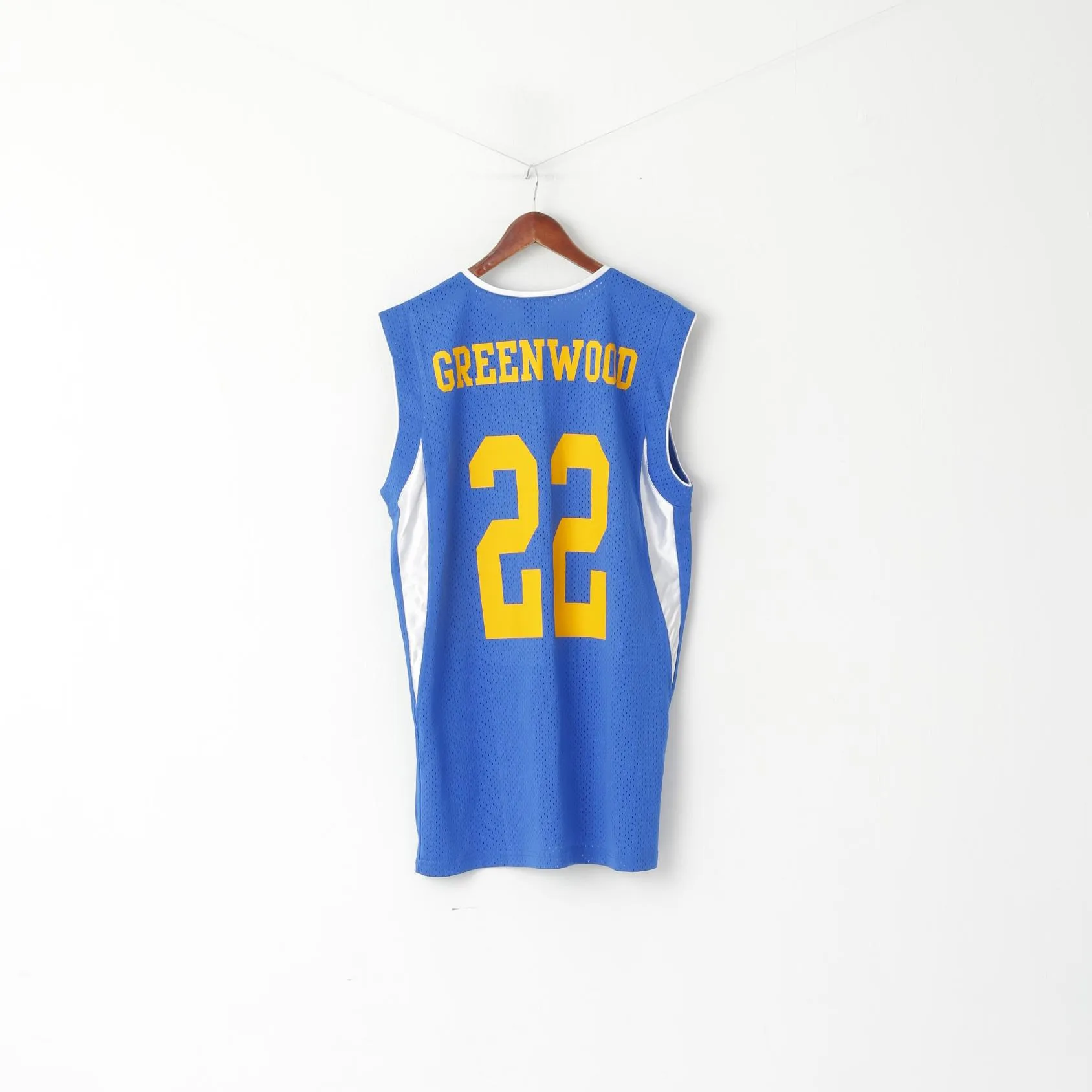 Macron Men XL Sleeveless Blue Mesh V Neck Sport Basketball Qmul #22 Greenwood Top