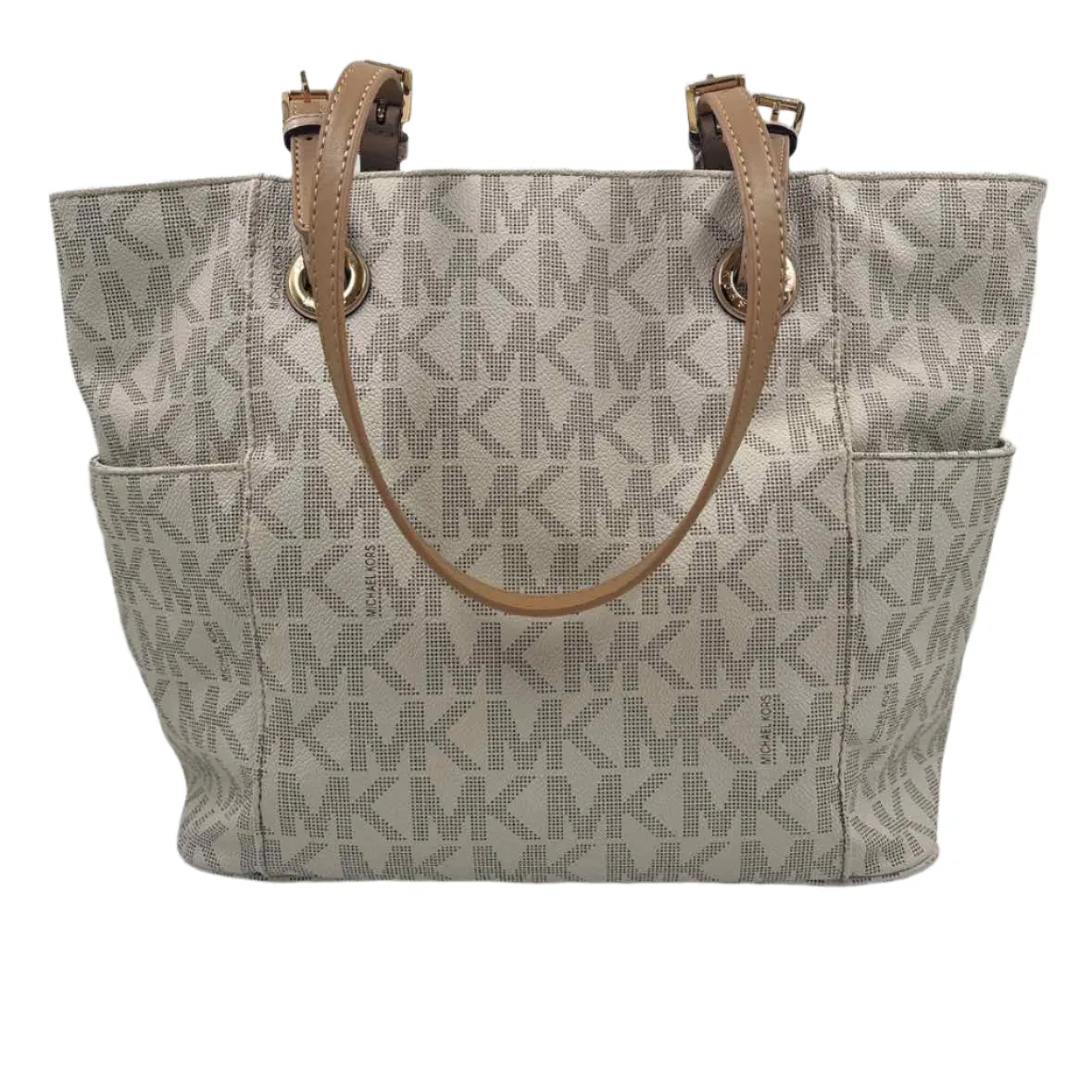 MICHAEL KORS Ivory & Tan MK Signature JET SET TRAVEL Tote Purse