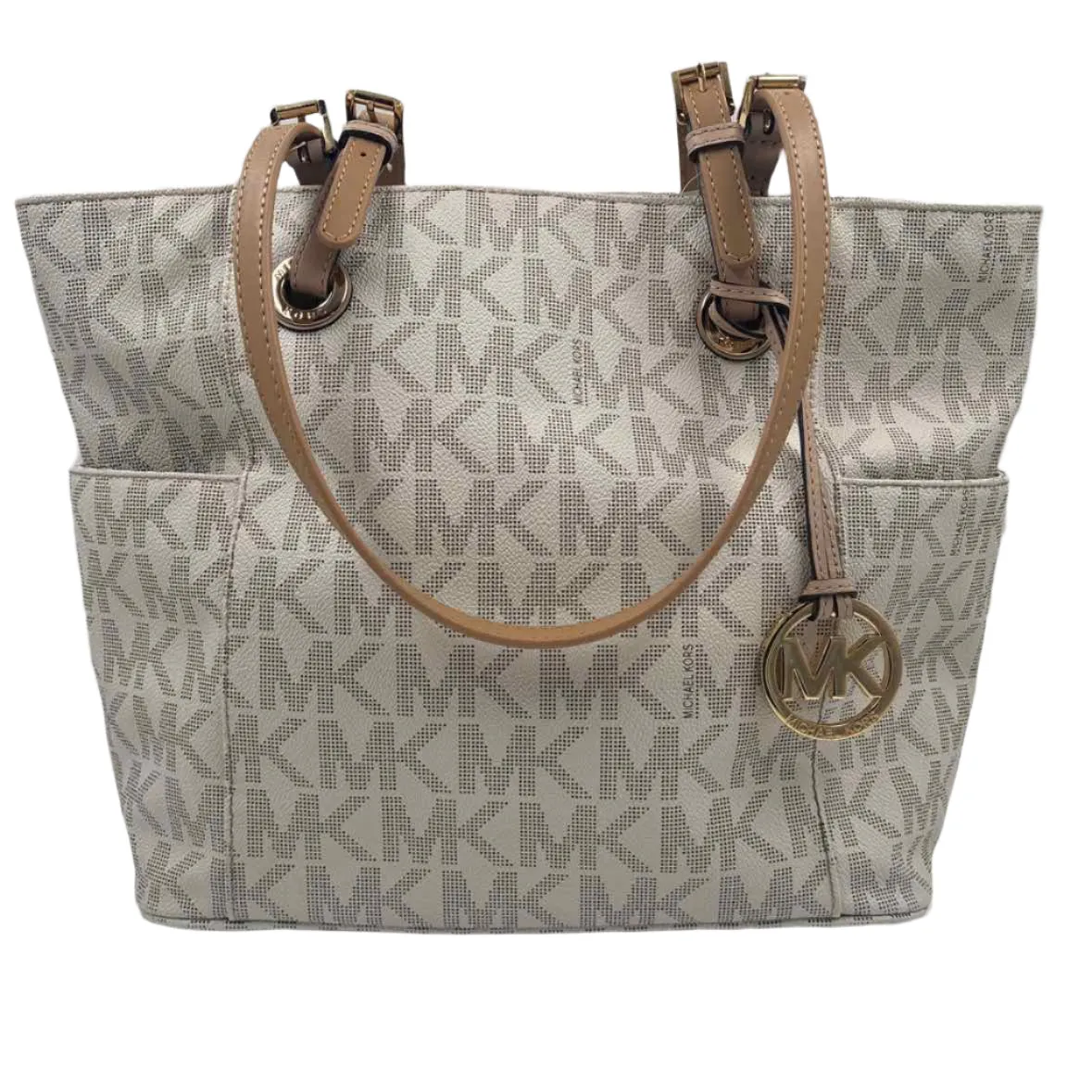 MICHAEL KORS Ivory & Tan MK Signature JET SET TRAVEL Tote Purse