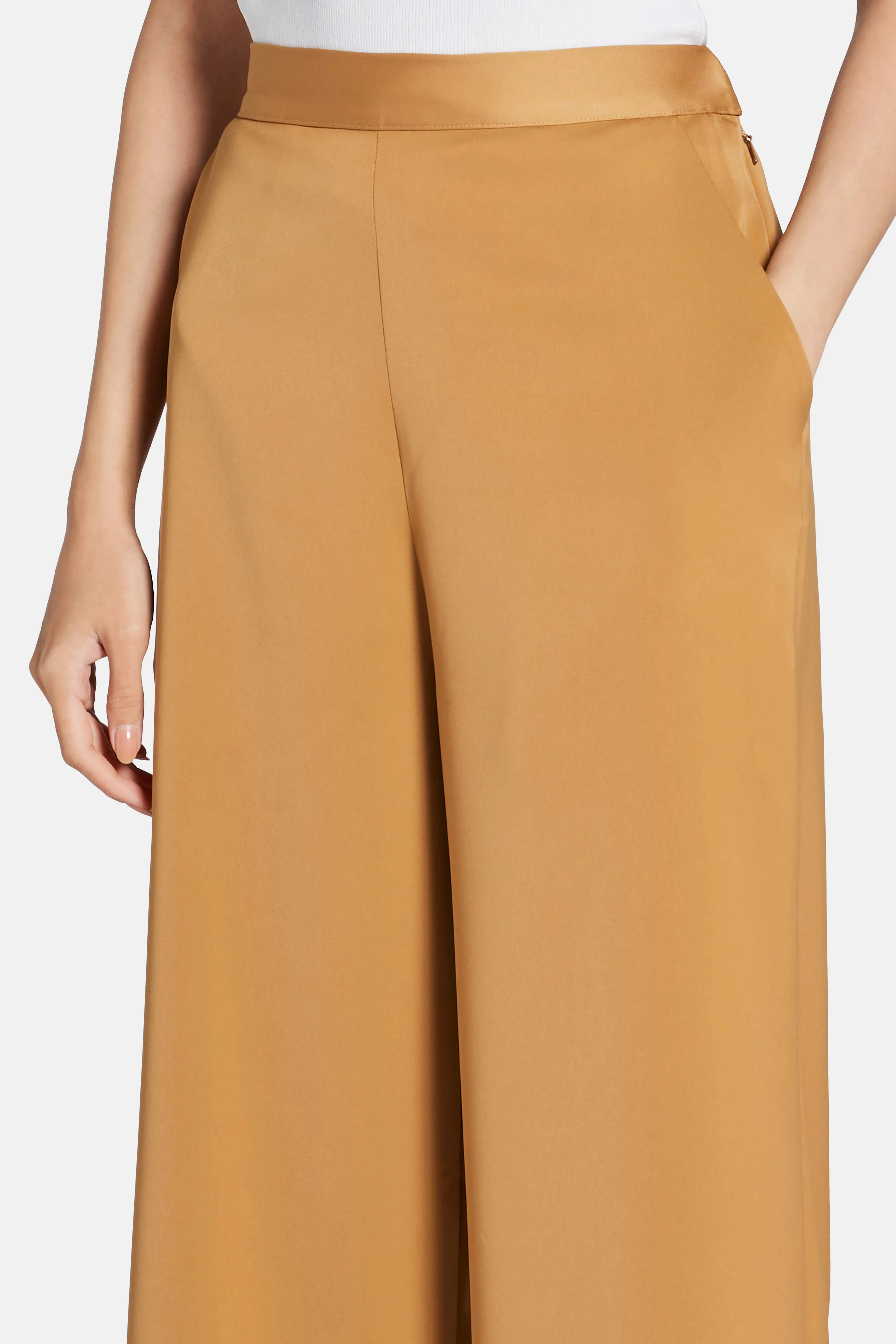 Mikado Flared High Waisted Trousers in Tan and Gold