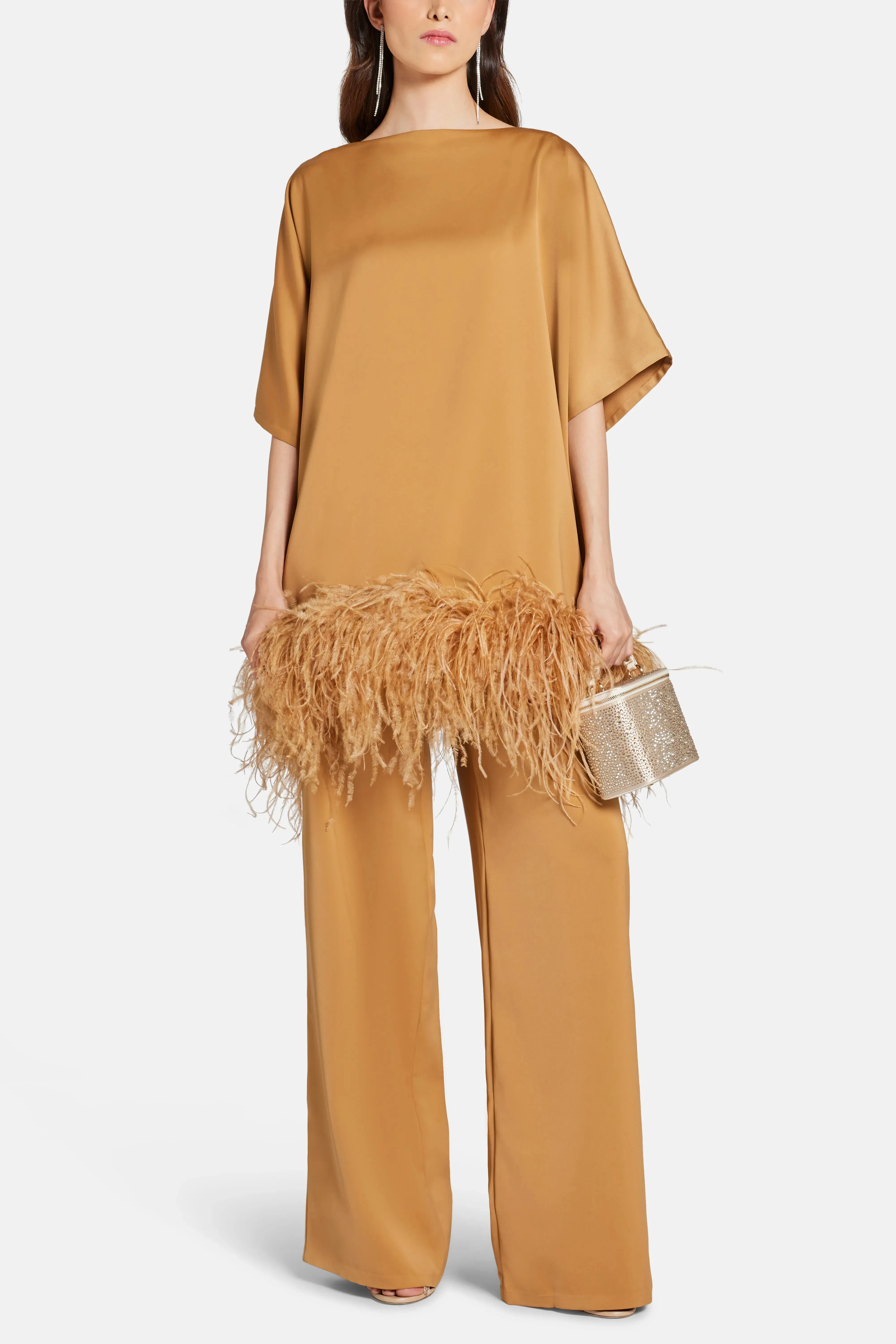 Mikado Flared High Waisted Trousers in Tan and Gold