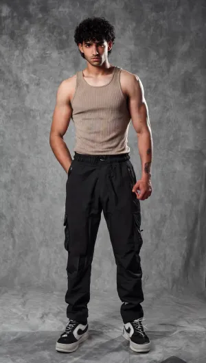 Muscle-Up Ribbed Tank - Beige & Impact Woven Cargos - Black