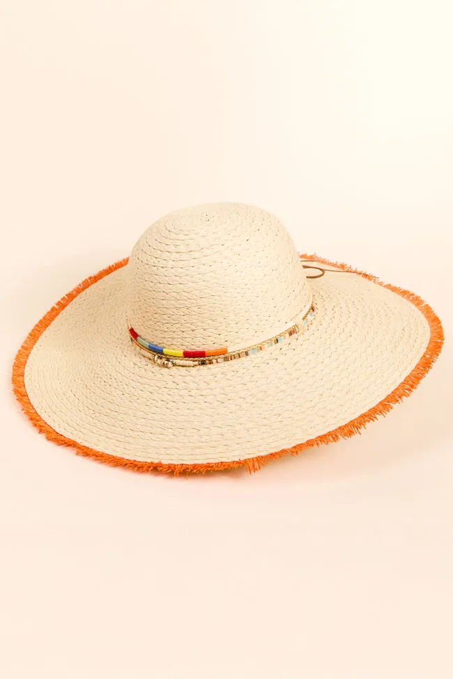 Natural Orange Fringe Trim Straw Hat