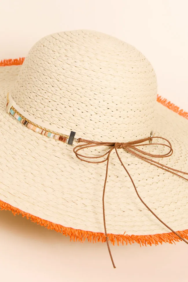 Natural Orange Fringe Trim Straw Hat