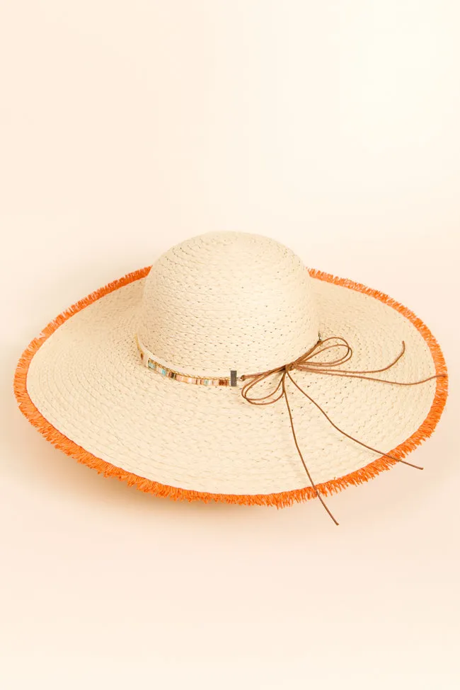 Natural Orange Fringe Trim Straw Hat