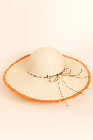 Natural Orange Fringe Trim Straw Hat