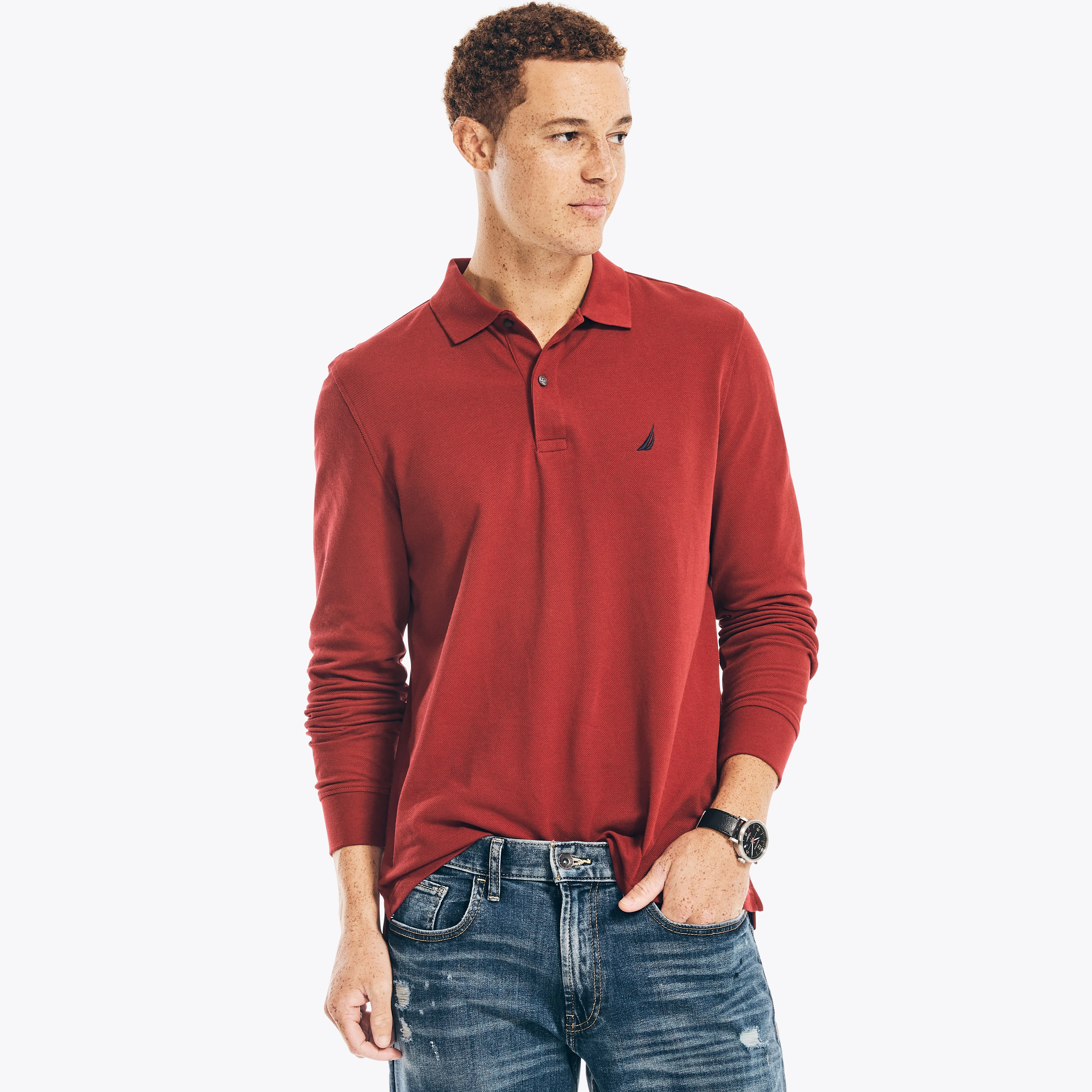 Nautica Mens Classic Fit Long-Sleeve Deck Polo
