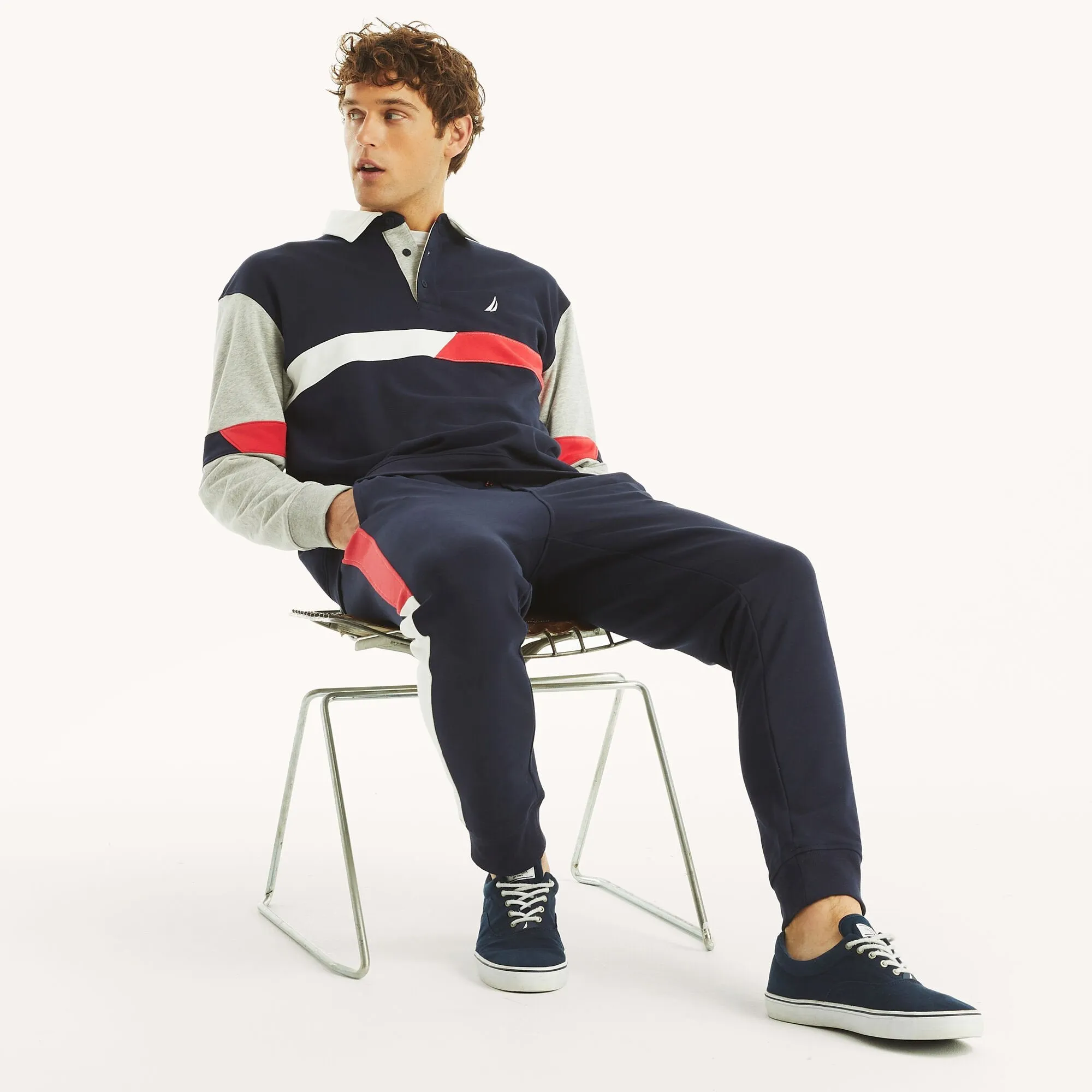 Nautica Mens Relaxed Fit Long-Sleeve Colorblock Polo
