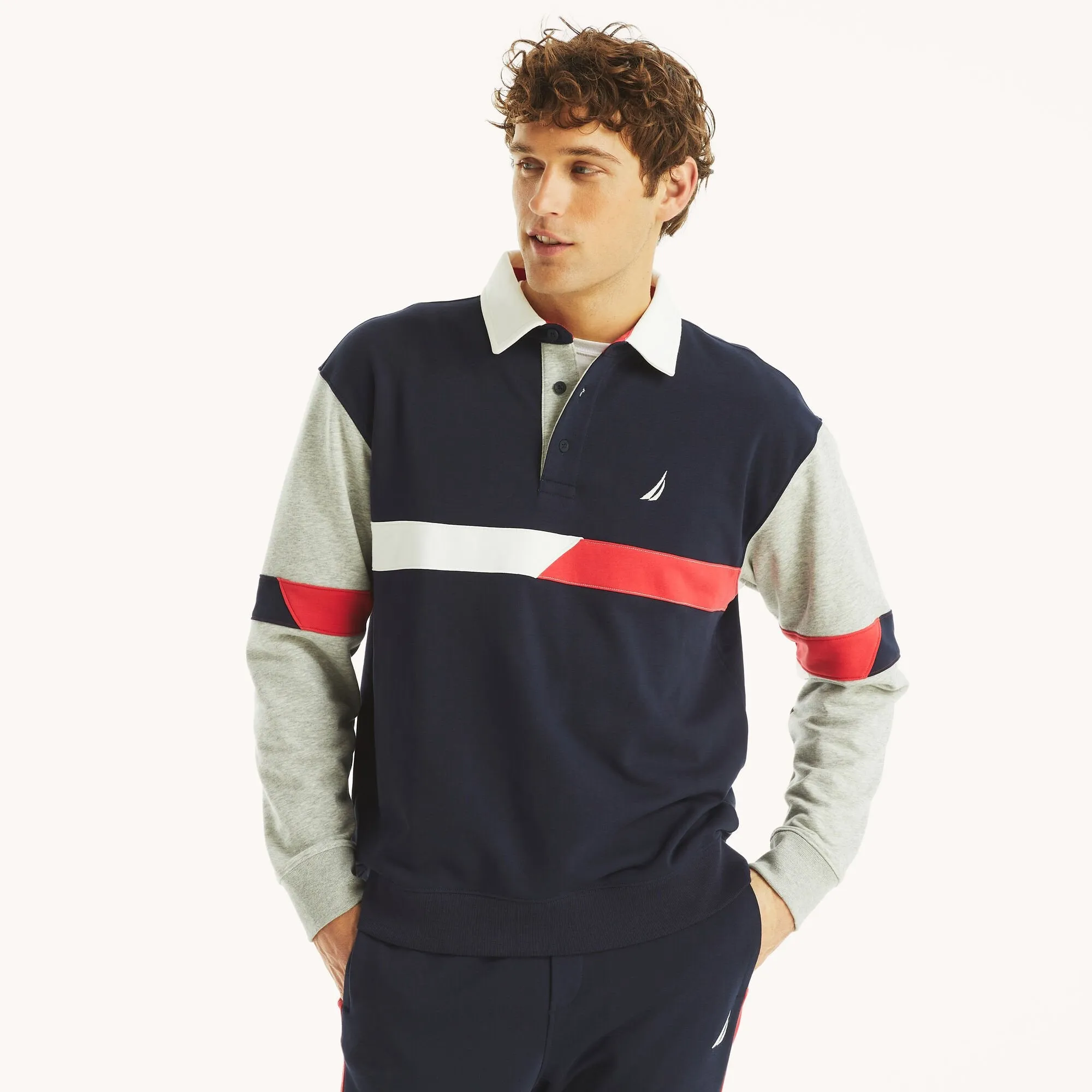 Nautica Mens Relaxed Fit Long-Sleeve Colorblock Polo