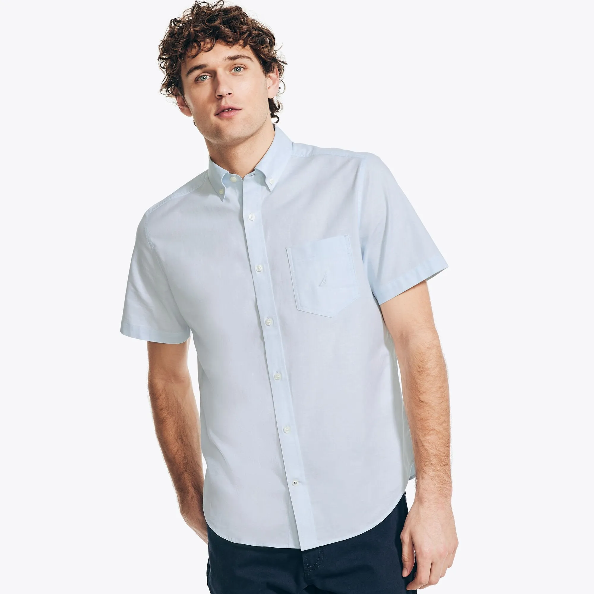 Nautica Mens Solid Oxford Short-Sleeve Shirt