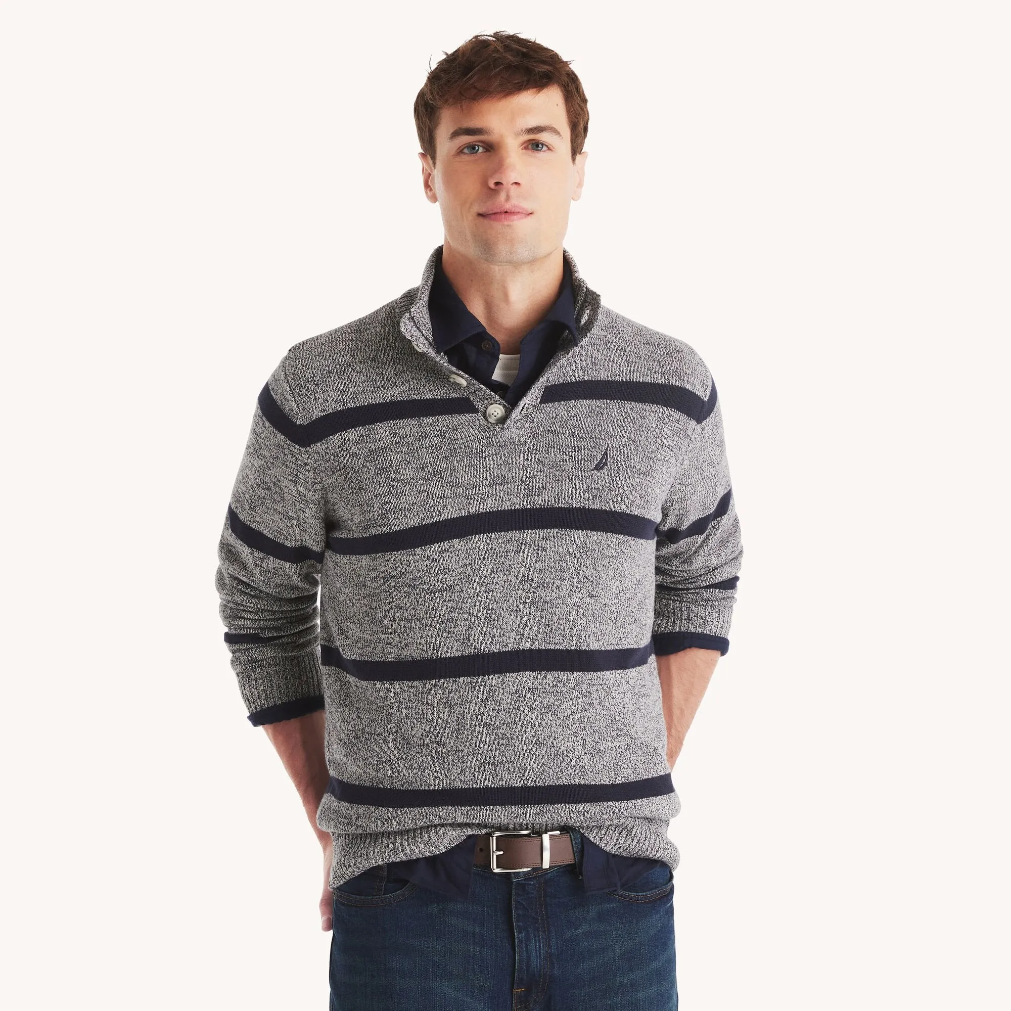 Nautica Mens Striped Mock-Neck Sweater