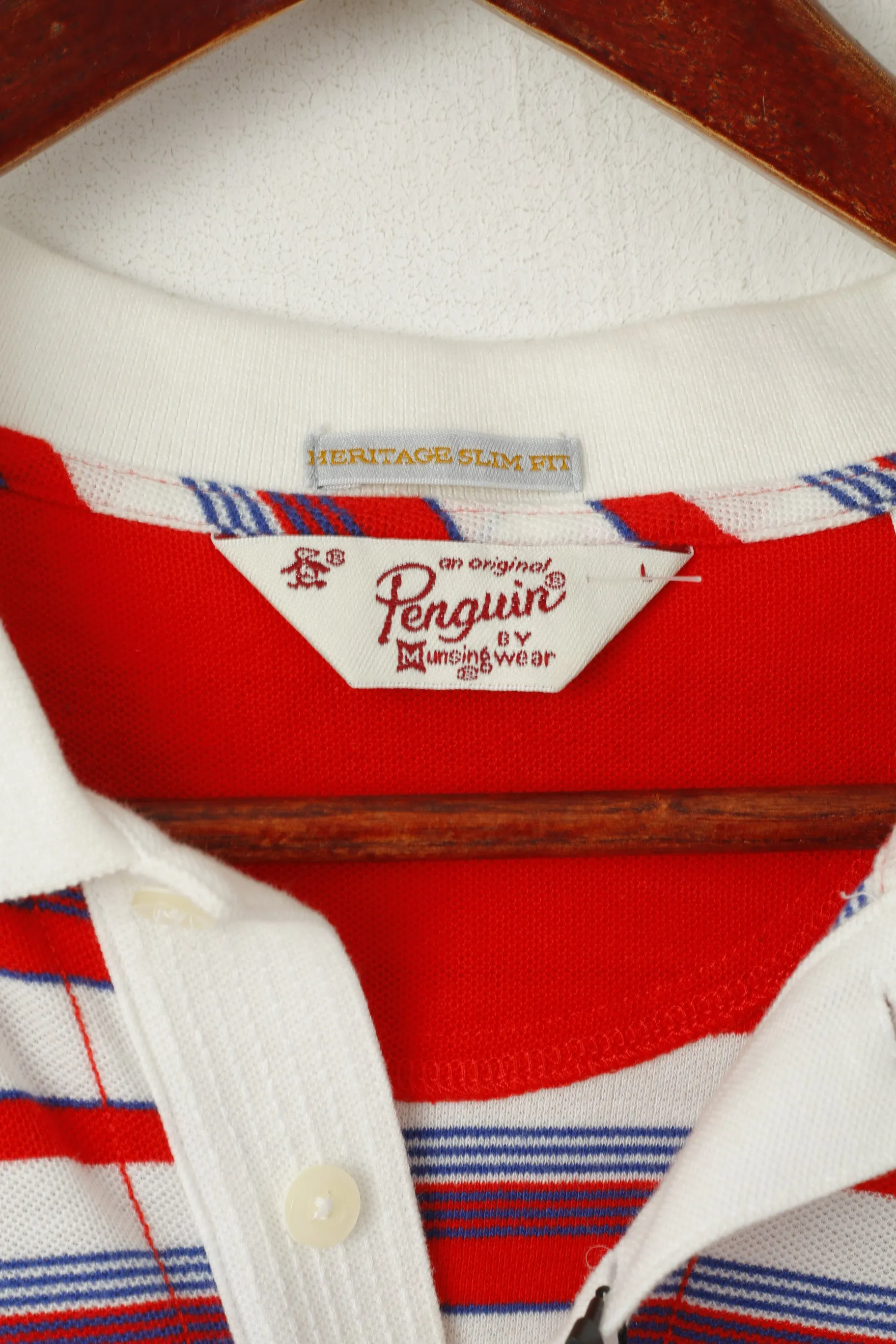 New Penguin Men L Polo Shirt Red Cream Cotton Striped Heritage Slim Fit Top