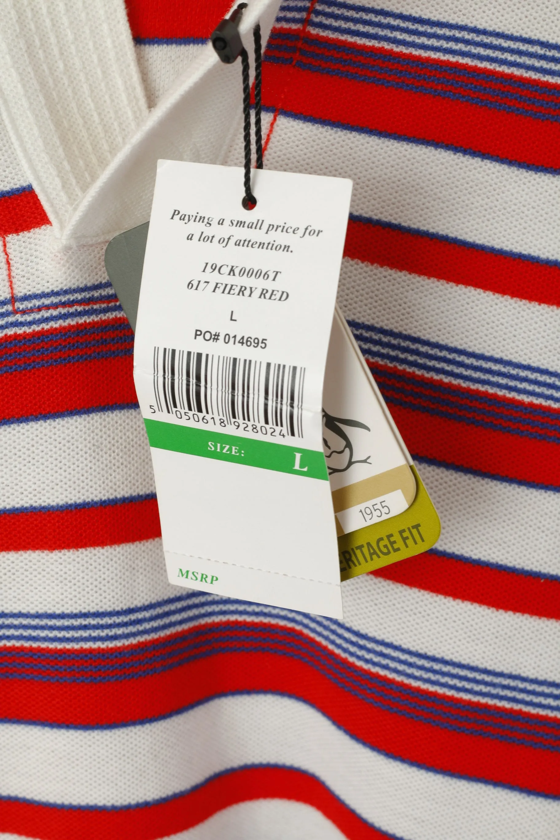 New Penguin Men L Polo Shirt Red Cream Cotton Striped Heritage Slim Fit Top