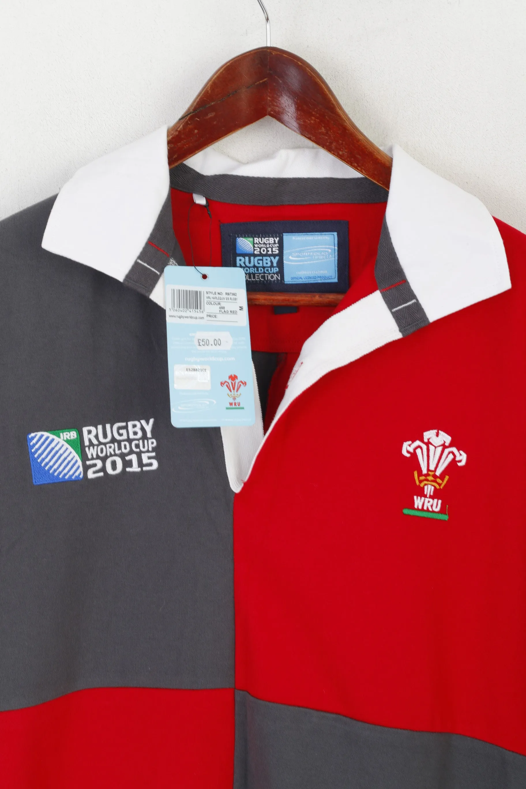 New Rugby World Cup 2015 Men M Polo Shirt Gray Red Cotton WRU Harlequin Top