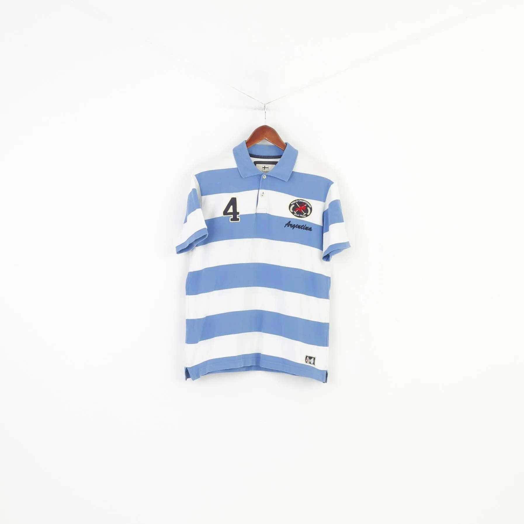 Nils Sundström Men L Polo Shirt Striped Blue White Cotton Argentina Polo Team Vintage Top