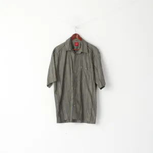 Olymp Novum Men L (XL) Casual Shirt Grey Striped Cotton Short Sleeve Classic Top