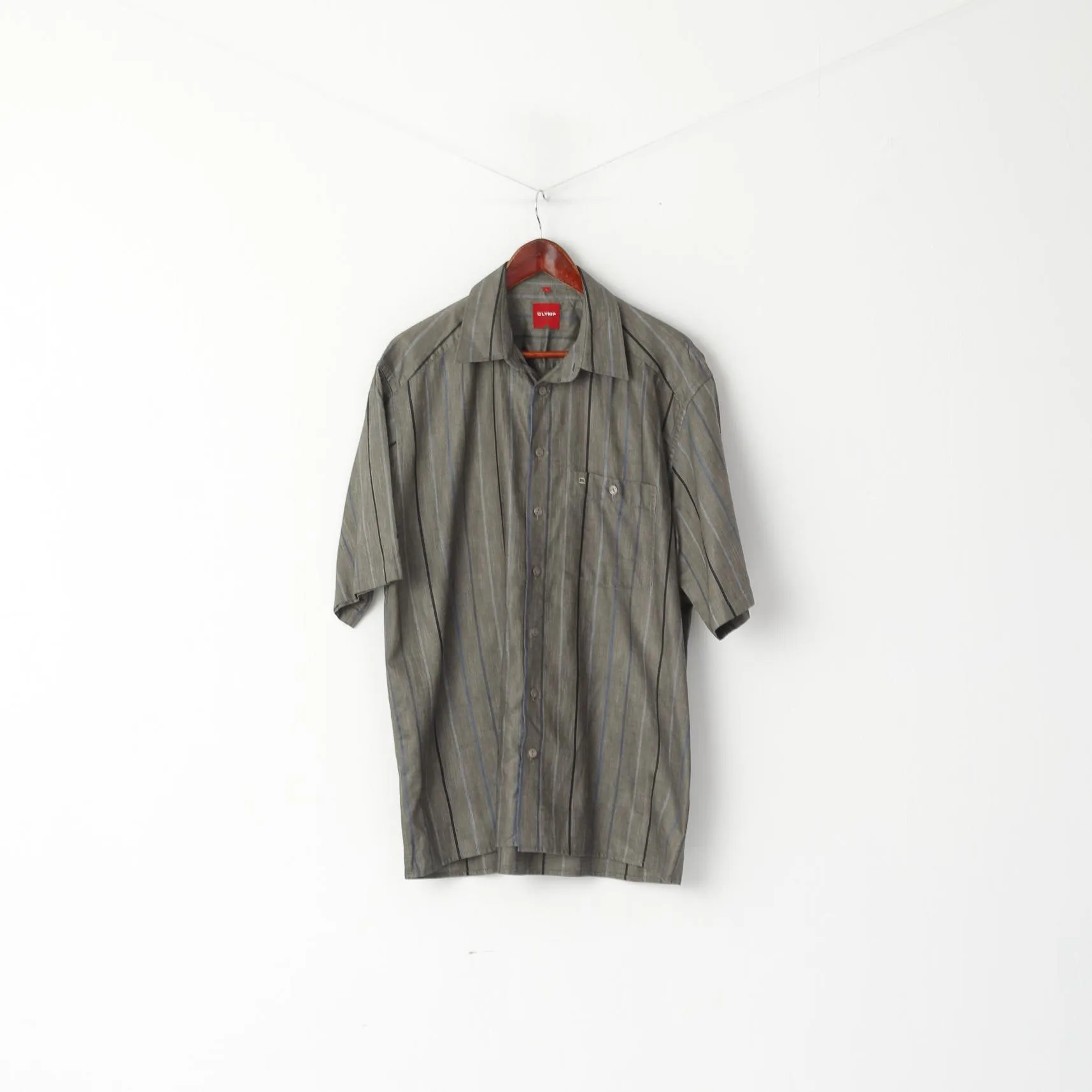 Olymp Novum Men L (XL) Casual Shirt Grey Striped Cotton Short Sleeve Classic Top