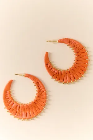 Orange Raffia Wrapped Hoop Earrings
